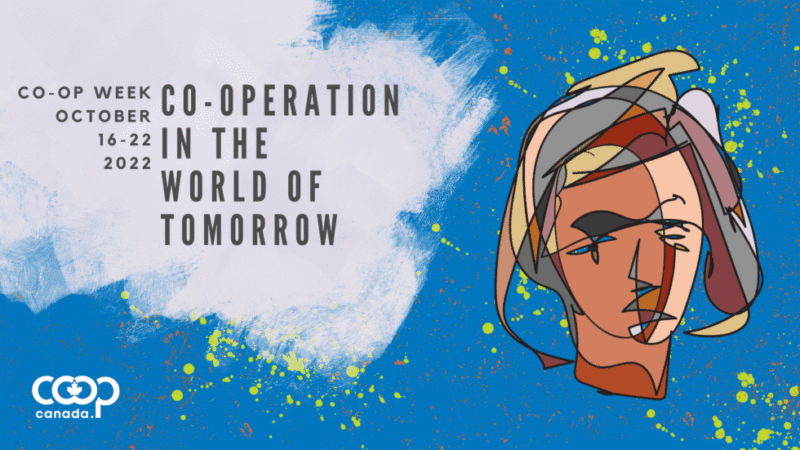 Illustration abstraite représentant un visage sur fond bleu, accompagnée du texte : « LA COOPÉRATION DANS LE MONDE DE DEMAIN », Semaine de la coopérative, du 16 au 22 octobre 2022.