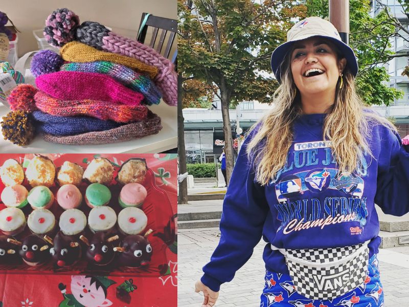 Collage: knitted hats, assorted cupcakes, and a smiling person in a sports sweatshirt and bucket hat outdoors.