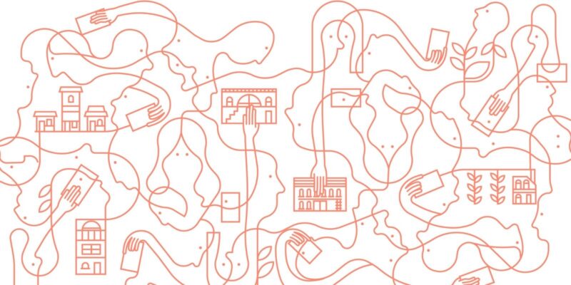 Dessin au trait abstrait représentant des personnages sans visage, des bâtiments et des plantes, tous reliés entre eux par des liens communautaires représentés par des lignes rouges.