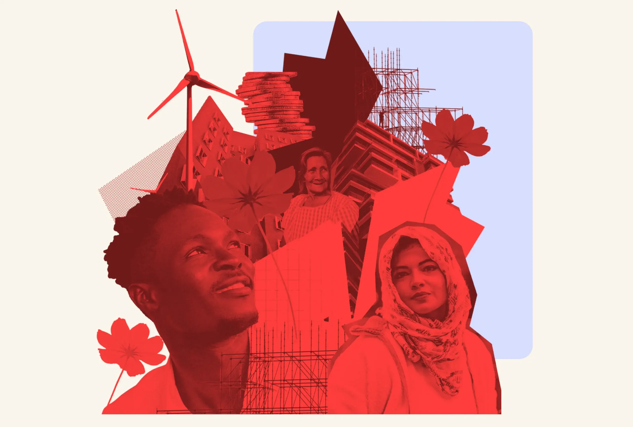 Collage représentant des personnes de tous horizons, des fleurs, une éolienne, des livres et des bâtiments, dans des tons rouges sur un fond clair.